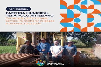 Construção do poço artesiano na Fazenda Municipal foi iniciada; obra ajudará na irrigação